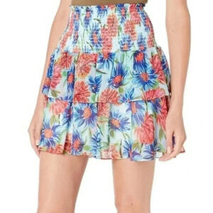 {MILLY} Wyatt Painted Dahlia Print Smocked Elastic Waist Tiered Lined Skirt 